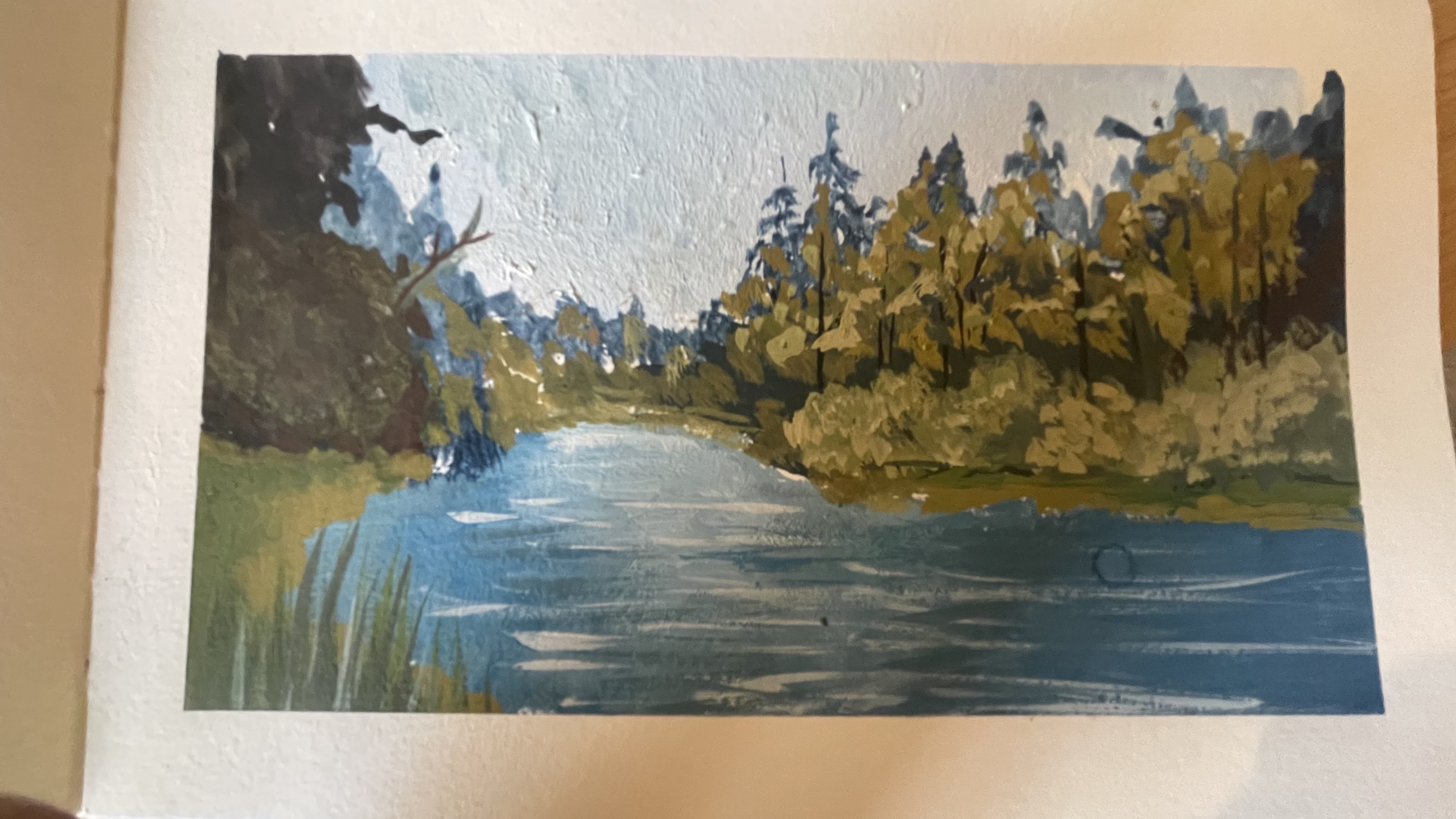 A painting of a calm river bending through autumn-toned trees under a pale sky, reflections rippling across the water
