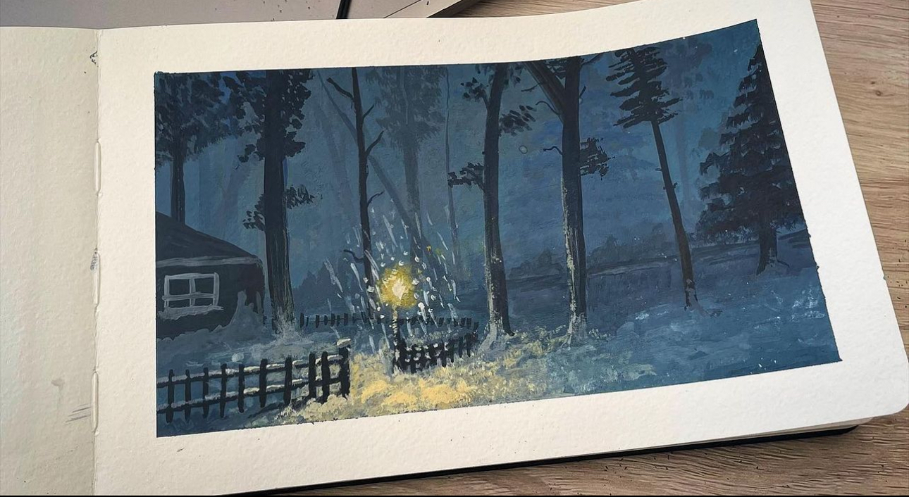 A gouache painting of a dark forest at night, a warm lantern glowing beside a cabin and wooden fence among tall silhouetted pine trees
