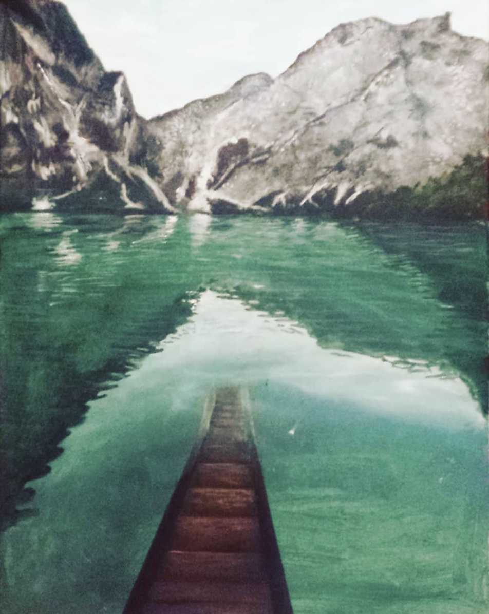 A watercolour painting looking out from a boat across a green-blue alpine lake toward steep, rugged mountains