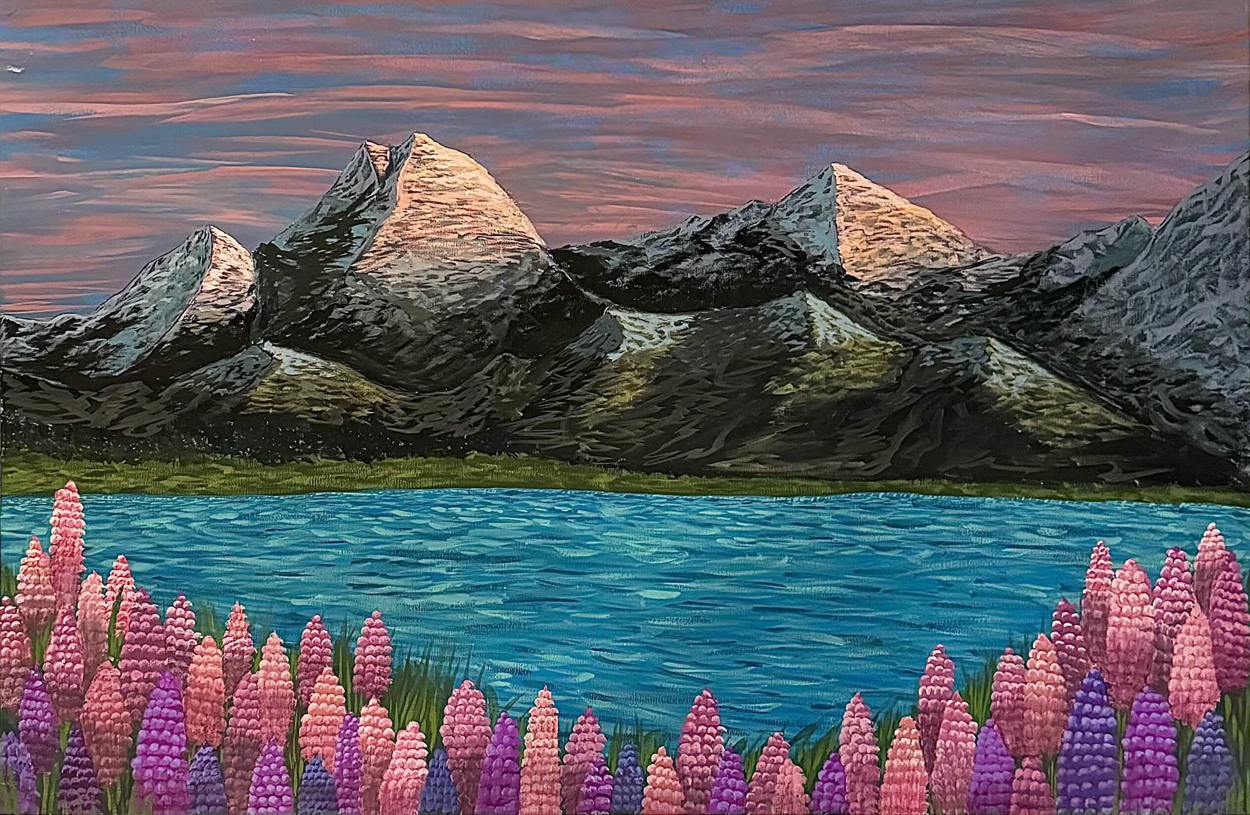 An acrylic painting of a mountain range under a pink sunset sky, with a blue lake and a foreground of pink and purple lupine flowers