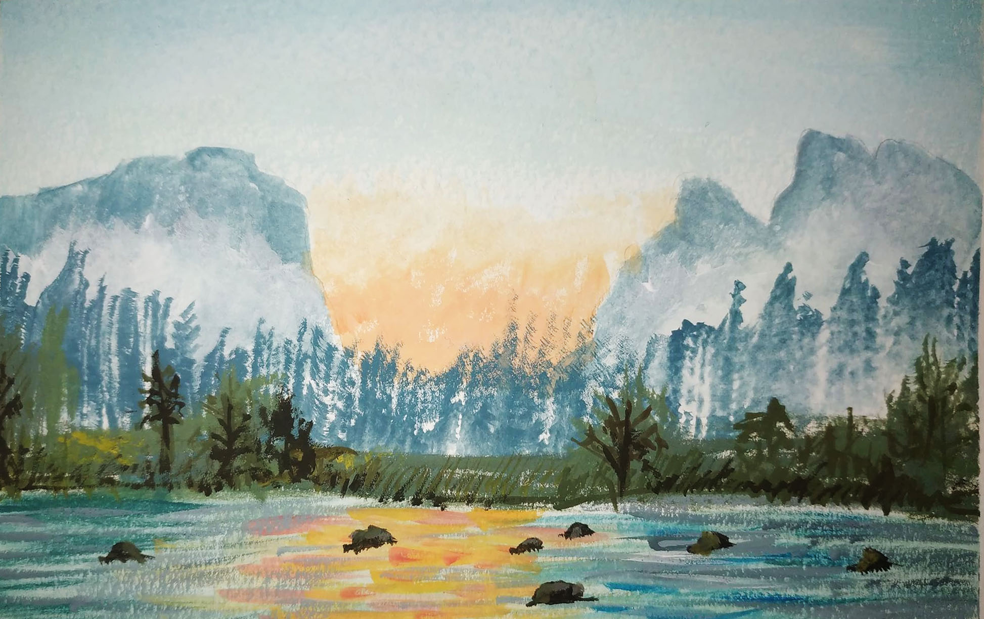 A watercolour painting of a misty mountain valley at sunrise, warm orange light breaking between two peaks and reflecting off a rocky river below