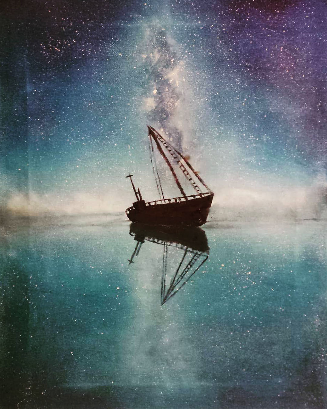 A painting of a small wooden boat resting on still water at night, silhouetted against a star-filled sky with the Milky Way overhead, perfectly mirrored in the calm water below