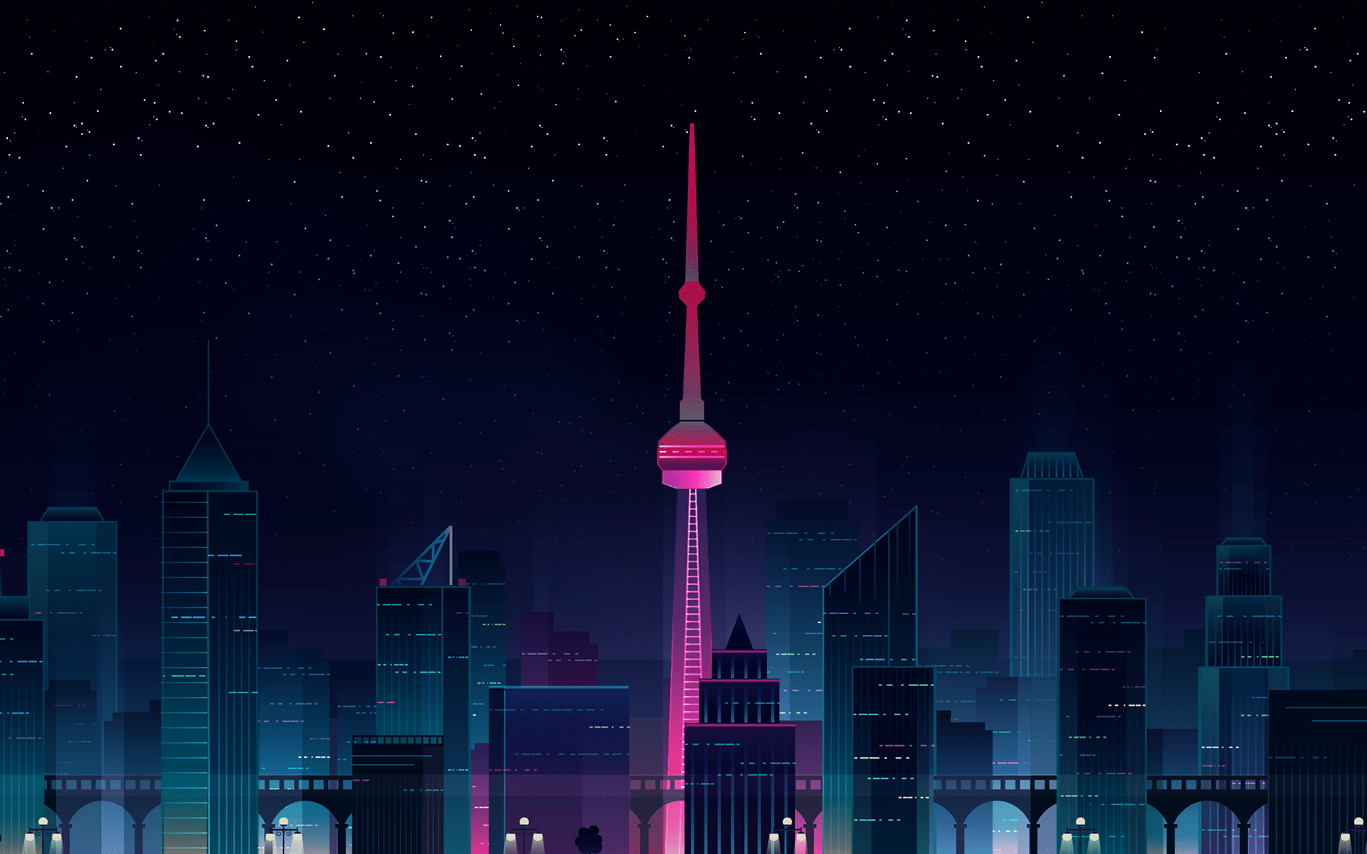 A flat illustration of the Toronto skyline at night, with the CN Tower lit in pink against a starry sky
