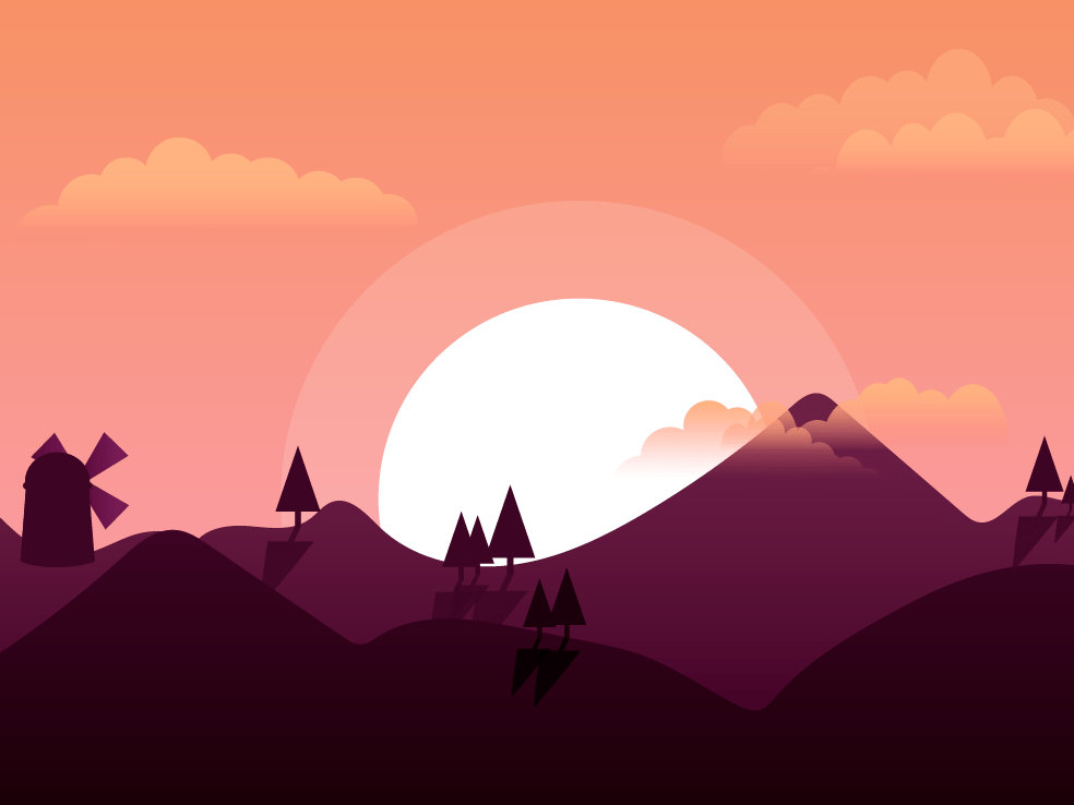A flat illustration of a countryside sunset with a windmill, rolling hills, pine trees, and a large glowing sun