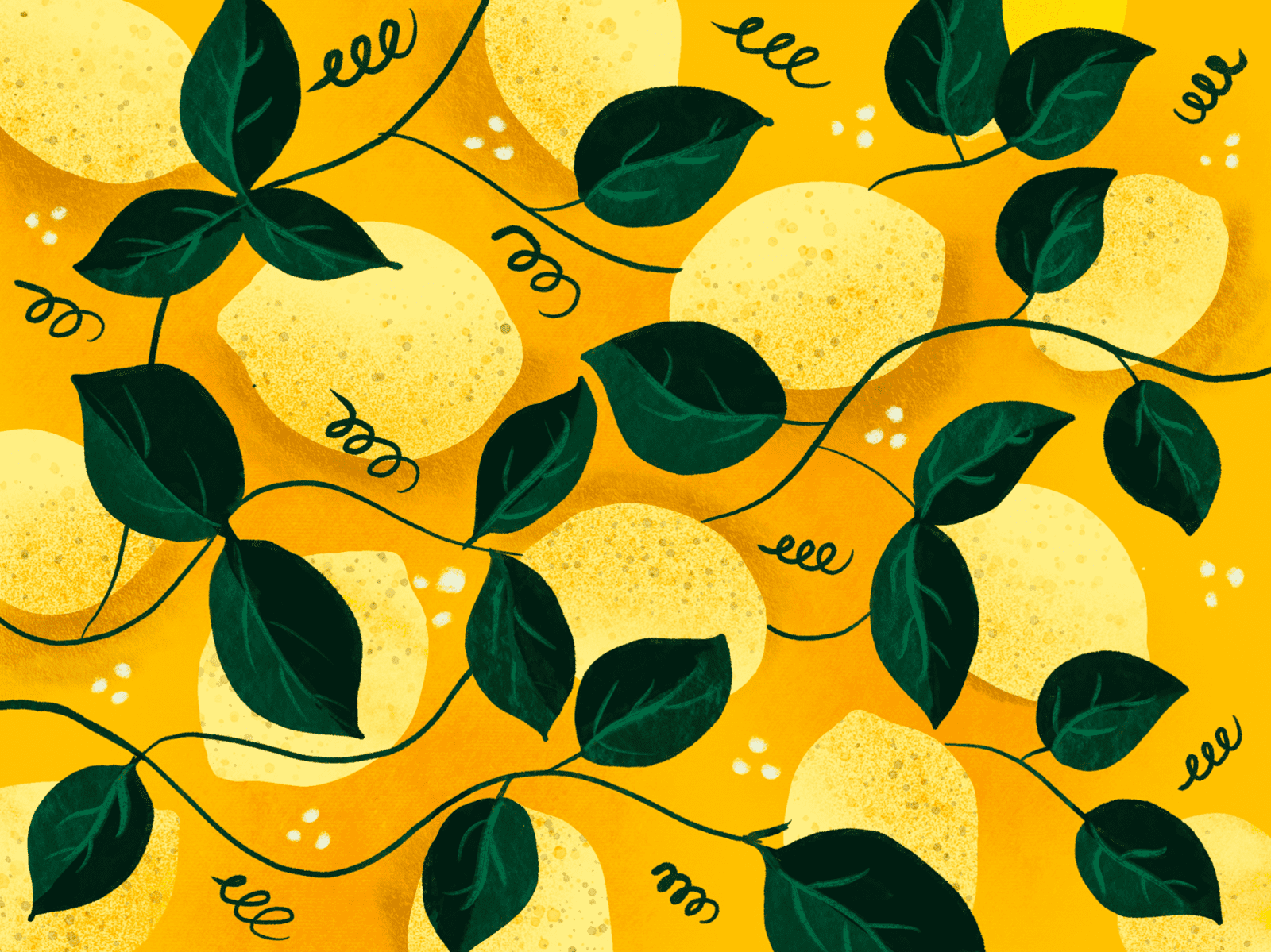 A seamless pattern illustration of lemons and dark green leaves on a golden yellow background