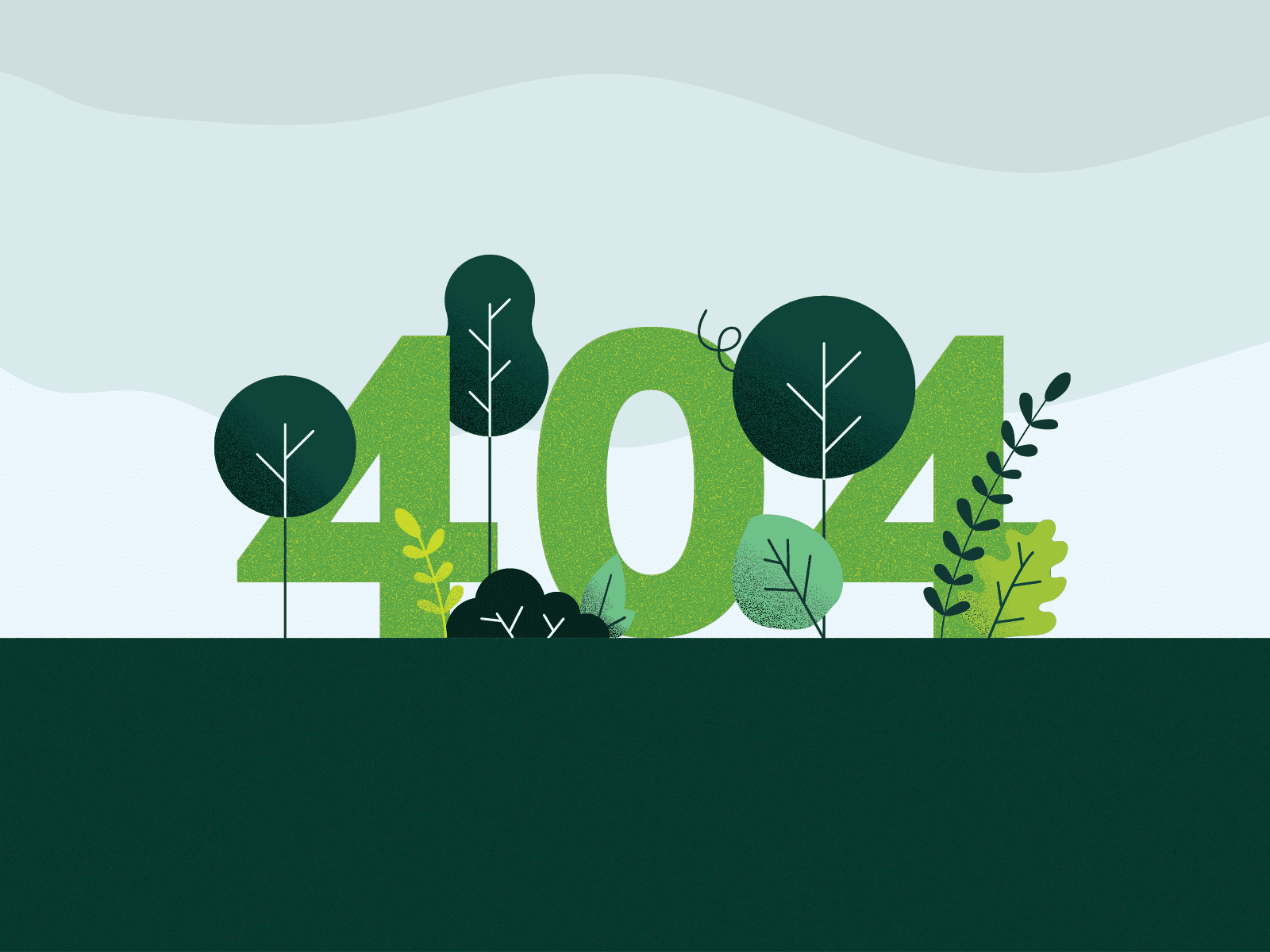 A '404' page illustration made of green letterforms surrounded by trees and bushes, above a dark green ground
