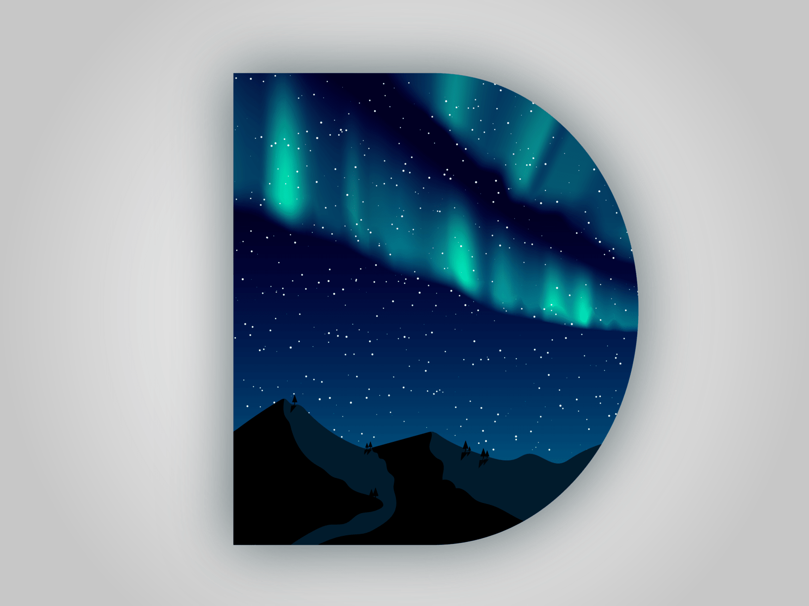 A letter D shaped like a window onto a northern lights scene, with green aurora ribbons over a starlit mountain valley