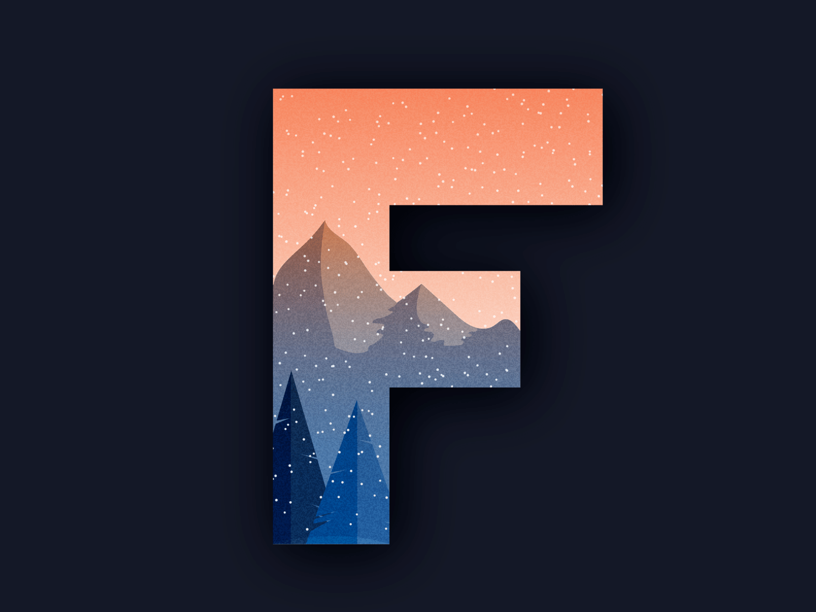 A letter F shaped like a window onto snow-capped mountains under a peach-coloured, snowing sky, with pine trees at the base