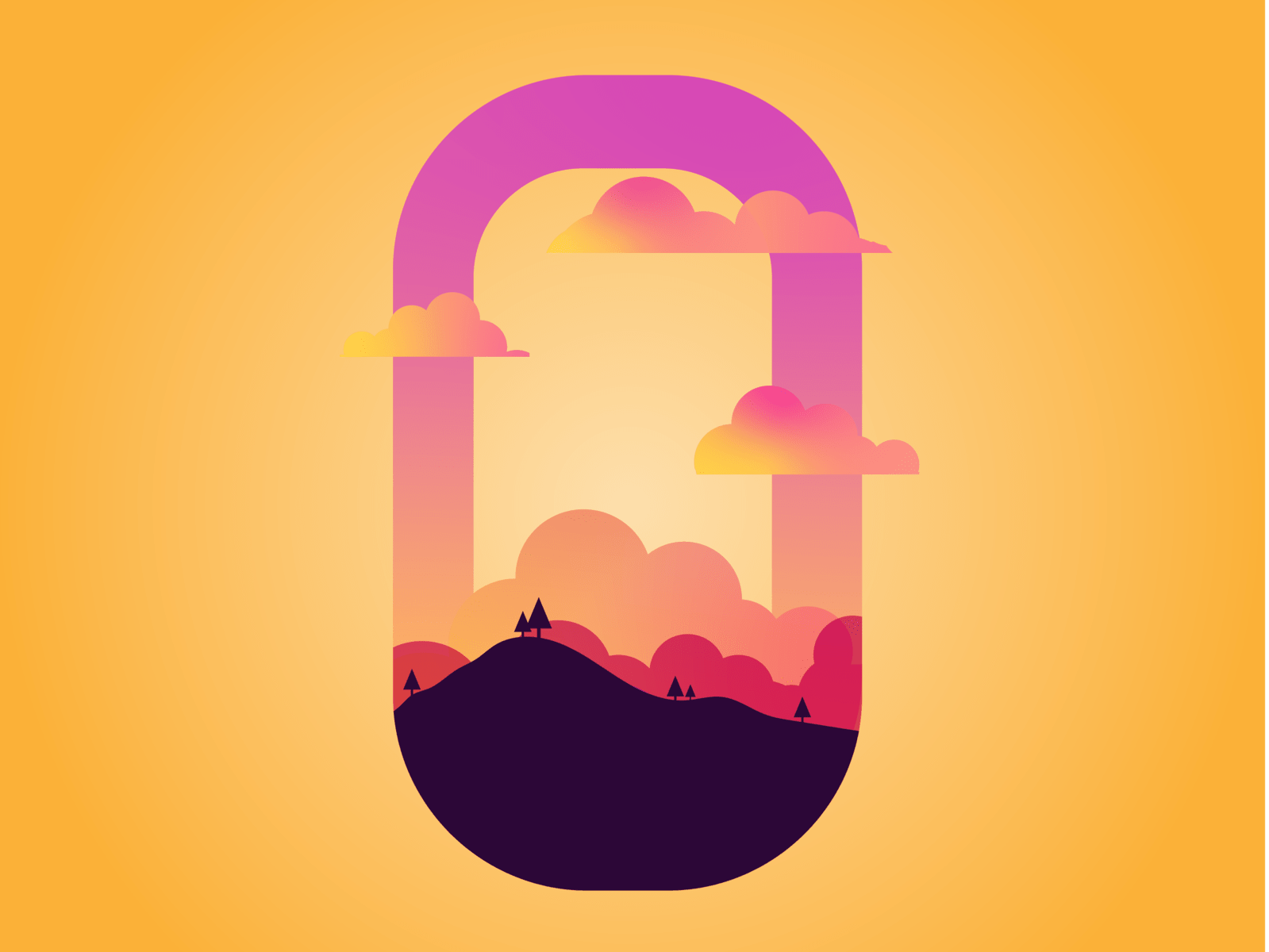 A stylized numeral 0 shaped like a rounded doorway, filled with a pink sunset sky, clouds, and a dark hillside silhouette with pine trees