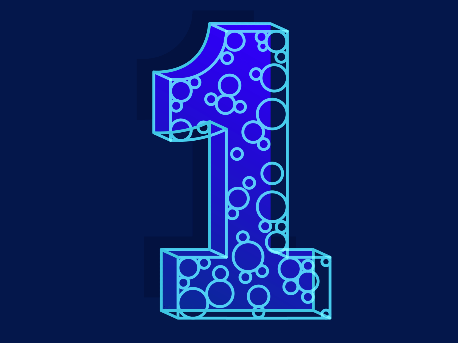 A 3D-extruded numeral 1 in blue, covered in a pattern of circles and bubbles, on a dark navy background