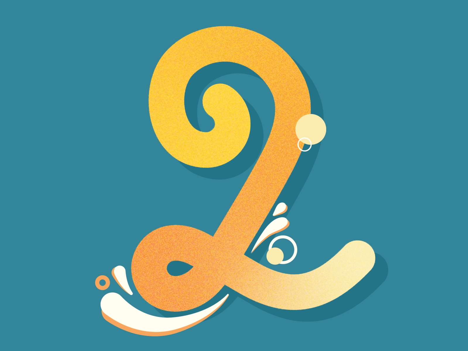 A hand-lettered numeral 2 in a flowing orange-to-yellow gradient script with paint-splash details, on a teal background