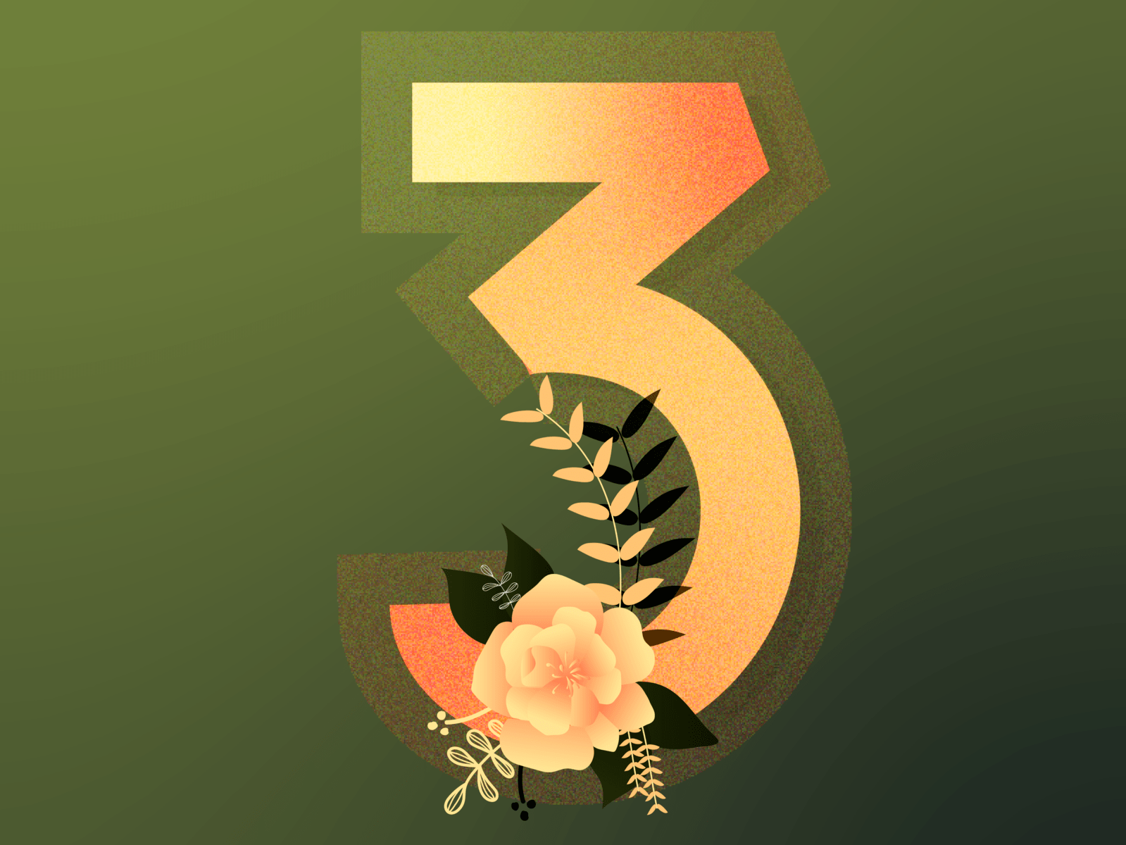 A numeral 3 in a warm orange-to-cream gradient, decorated with a floral arrangement of leaves and a rose, on an olive-green background