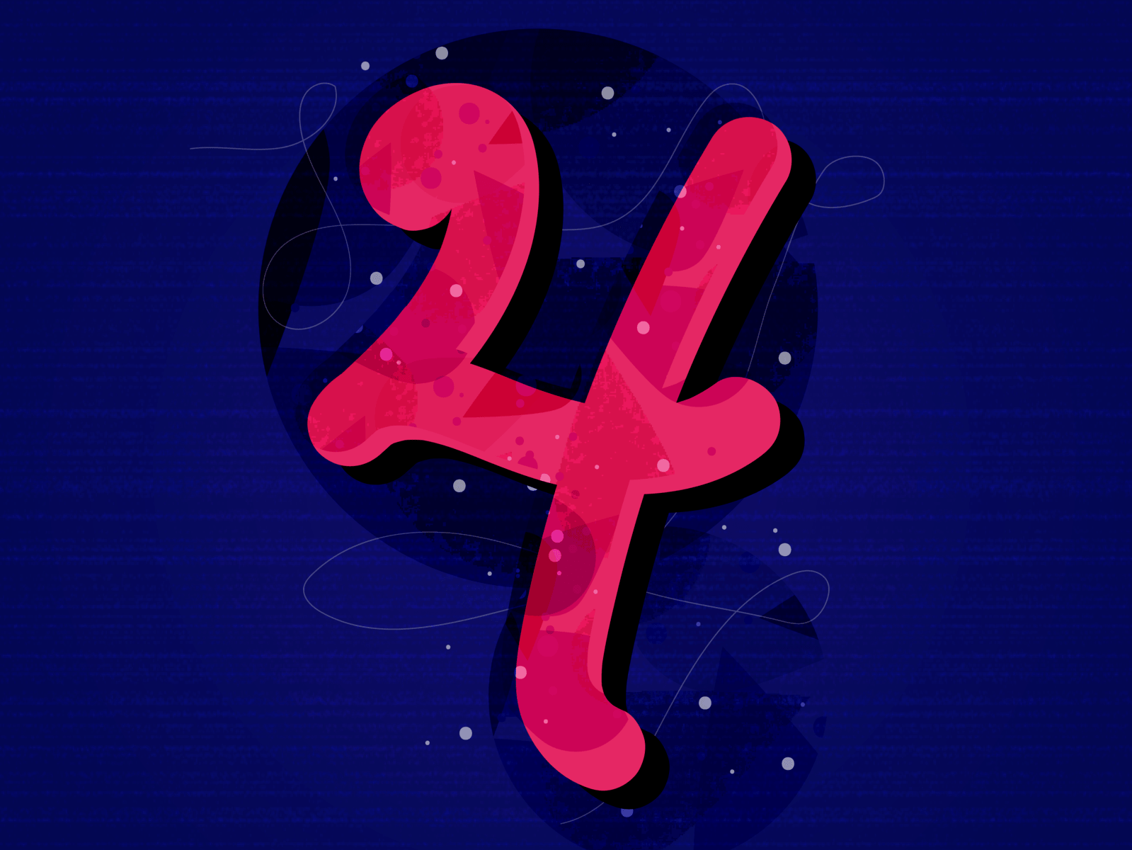 A 3D numeral 4 in bright pink with a textured pattern, set against a dark blue background with a starry circular backdrop