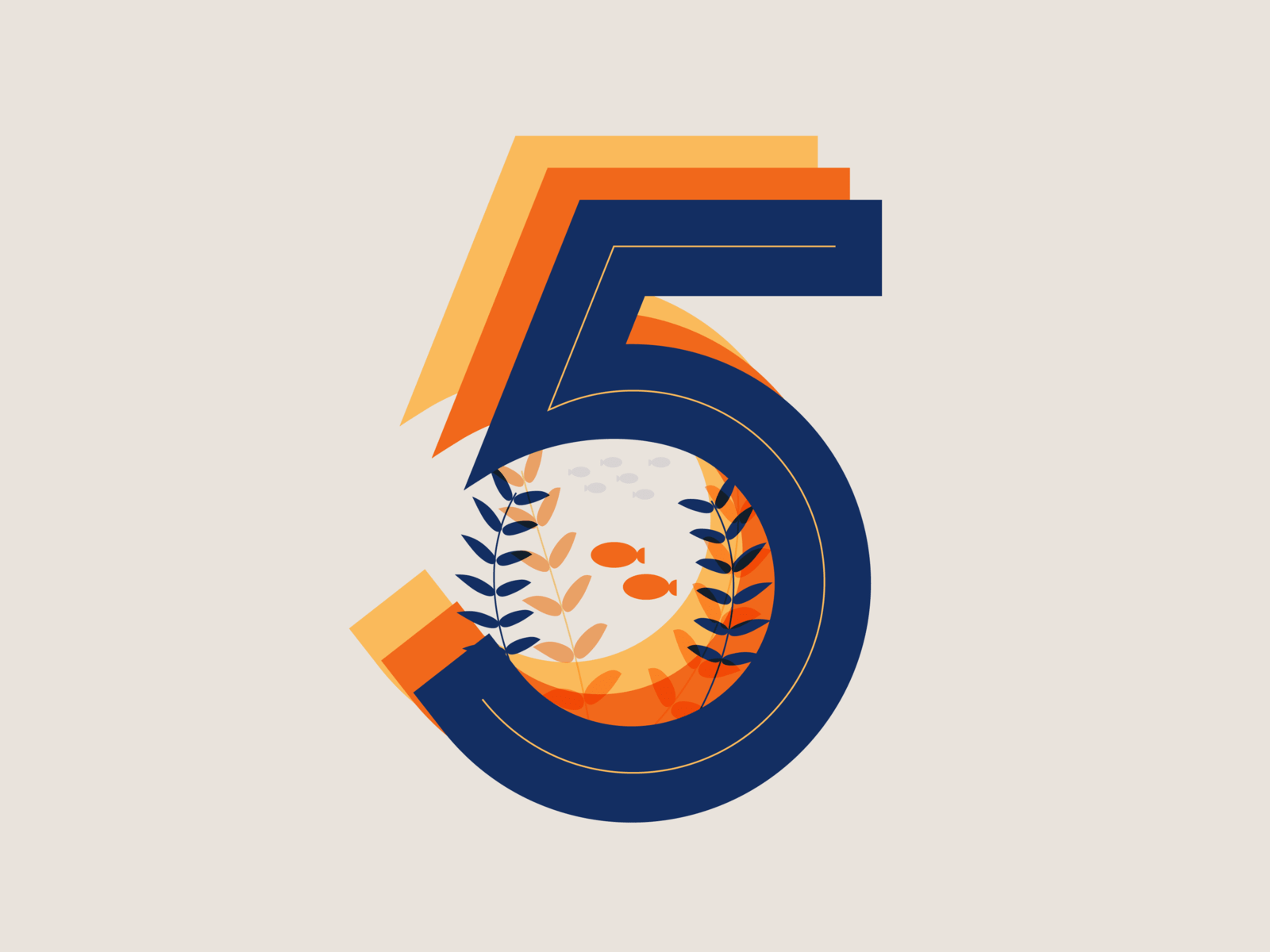 A layered numeral 5 in navy, orange, and yellow with a paper-cutout style, featuring a circular scene of fish and ferns, on a cream background