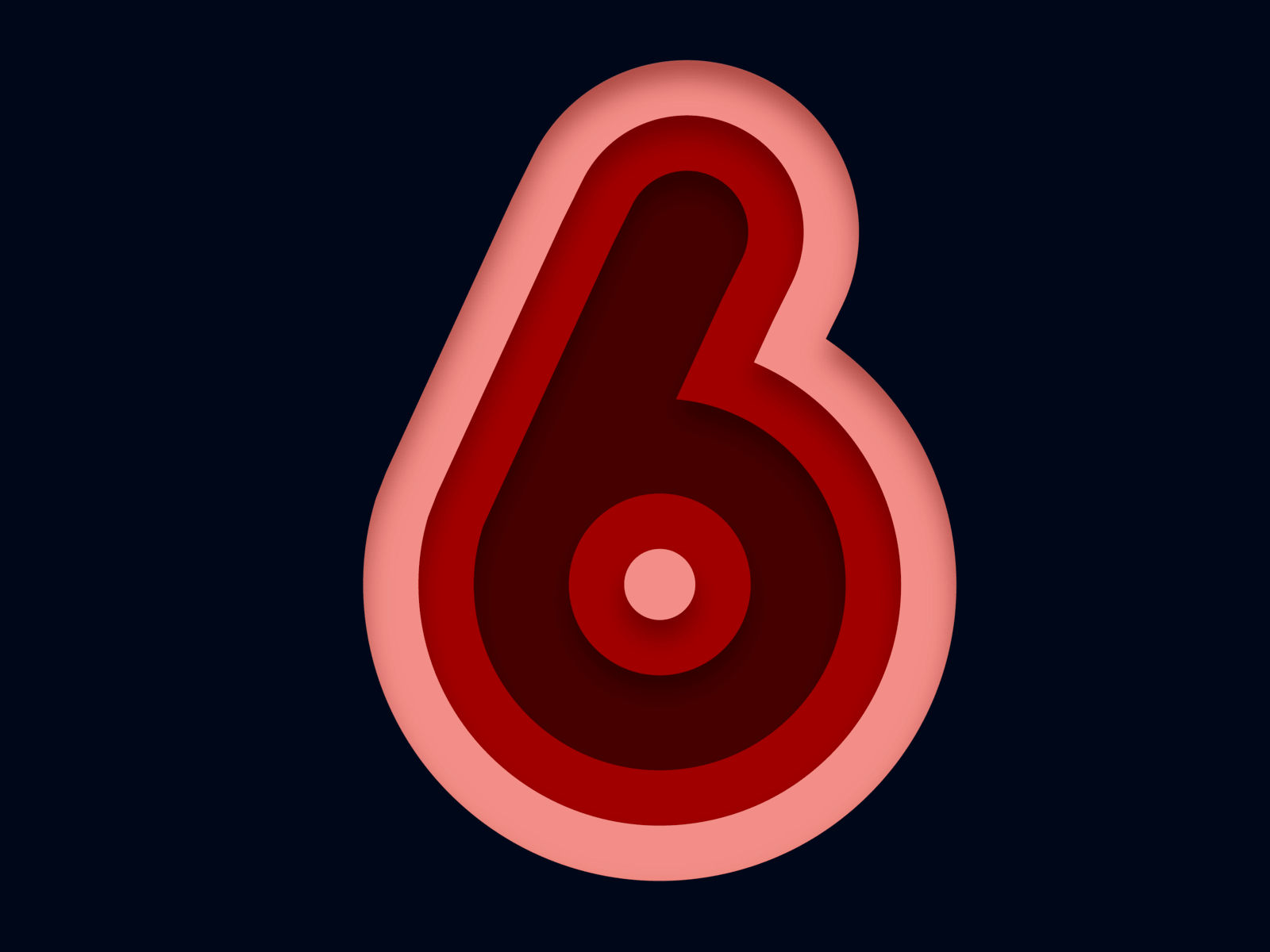 A paper-cutout style numeral 6 in layered shades of red and pink, on a dark navy background