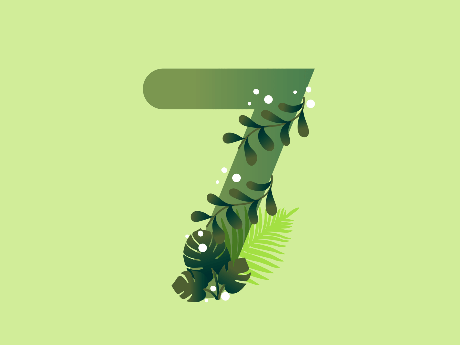 A numeral 7 wrapped in tropical monstera leaves and ferns, in shades of green, on a light green background