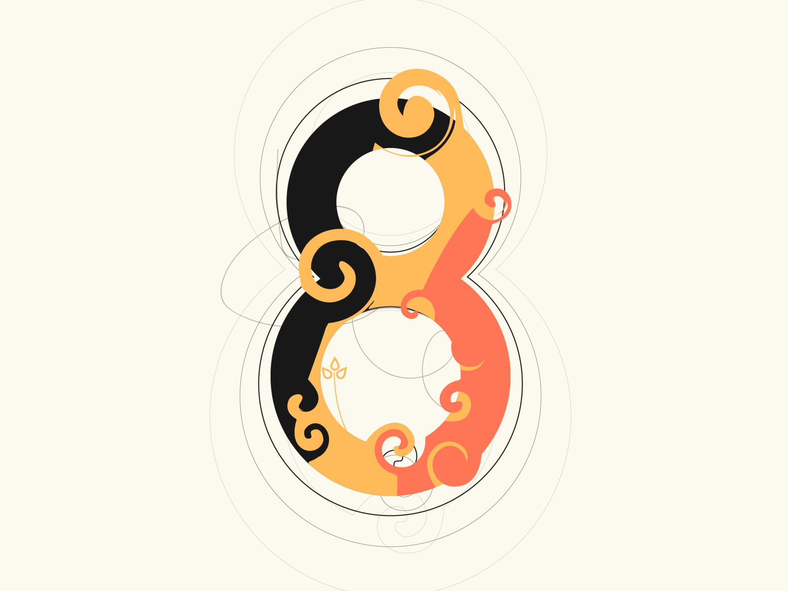 A numeral 8 split into black, orange, and coral sections with decorative spiral flourishes, on a cream background
