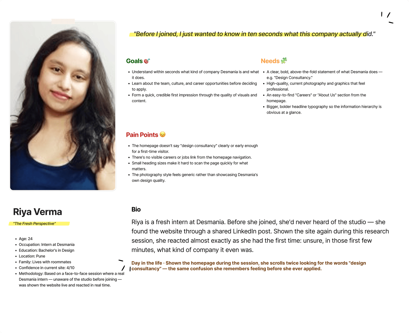 Riya Verma persona: The Fresh Perspective — goals, needs, pain points, and bio