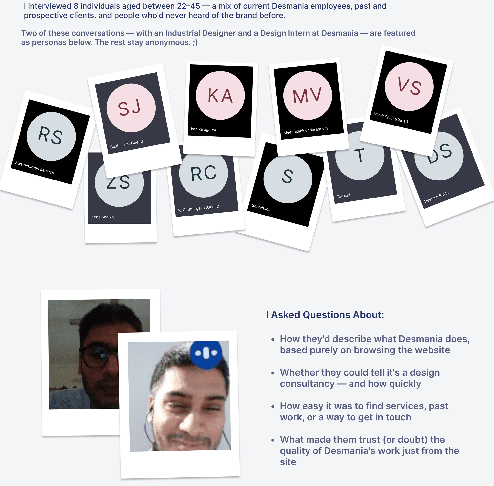 User Interviews: 8 people interviewed, ages 22–45, a mix of Desmania employees, past and prospective clients, and people unfamiliar with the brand, with two conversations featured as the personas above