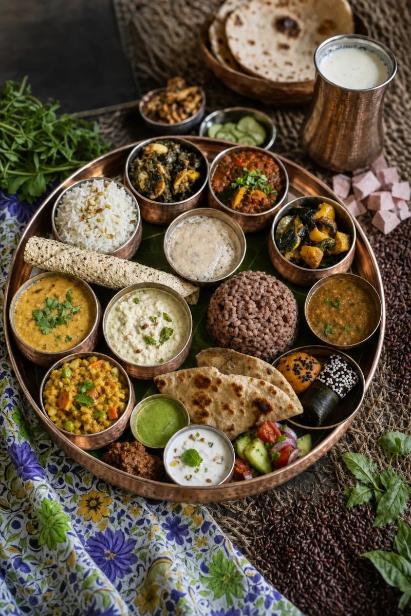 An elaborate Indian thali platter in copper bowls, with rice, dal, curries, roti, papad, chutneys, and raita