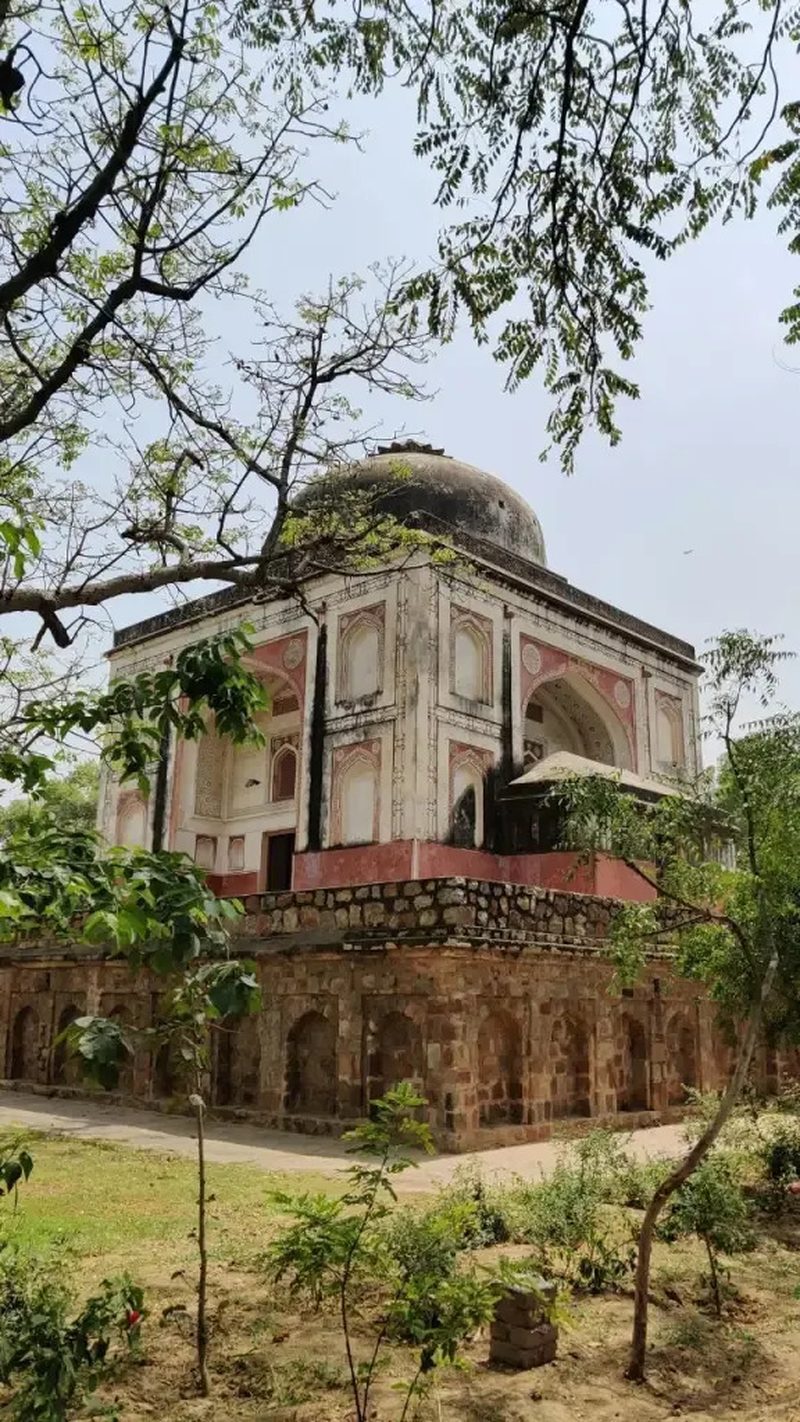 A domed Mughal-era tomb in Delhi seen through tree branches, with weathered white, pink, and sandstone masonry